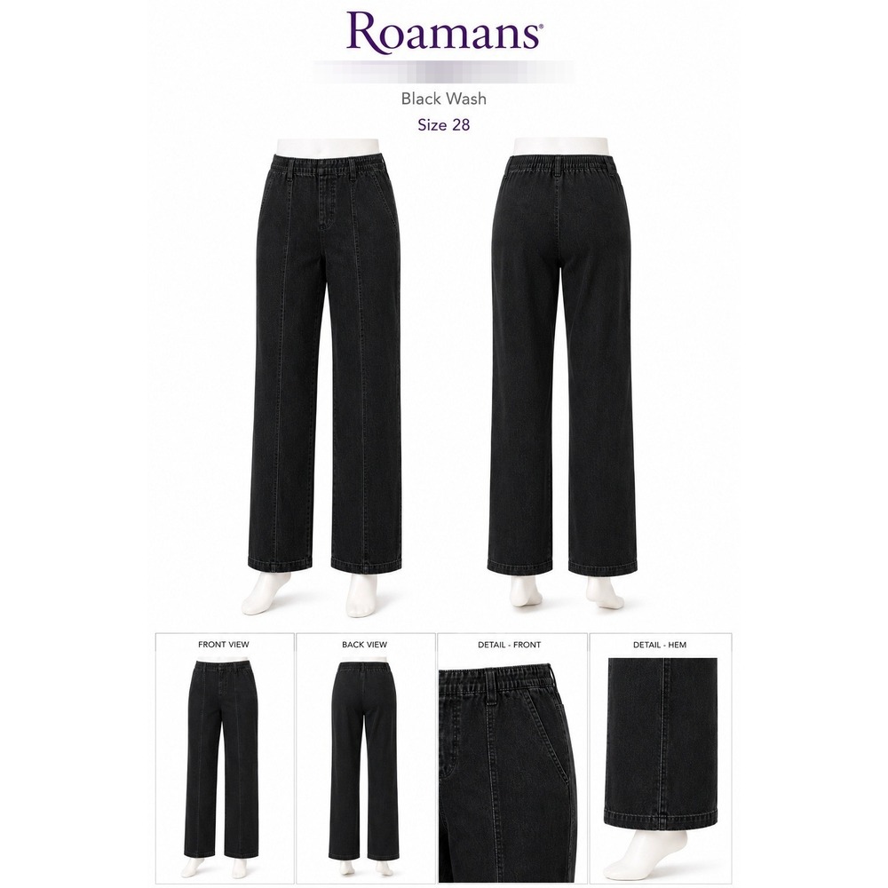 Roamans Black Wash Wide Leg Jeans Womens‎ Plus Size 28 High Rise Elastic Waist